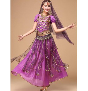 Violet purple red fuchsia hot pink royal blue turquoise yellow silk sequined women's girls performance belly dance costumes dresses outfits